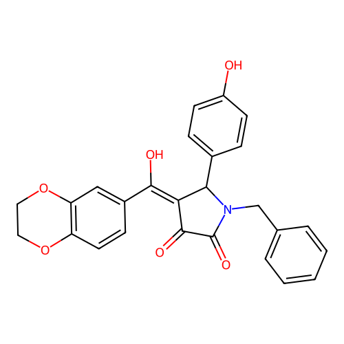 (4E)-1-benzyl-4-[2,3-dihydro-1,4-benzodioxin-6-yl(hydroxy)methylidene]-5-(4-hydroxyphenyl)pyrrolidine-2,3-dione structure