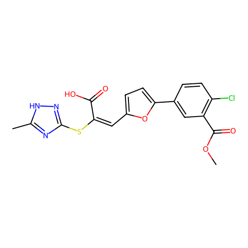 (2E)-3-{5-[4-chloro-3-(methoxycarbonyl)phenyl]furan-2-yl}-2-[(3-methyl-1H-1,2,4-triazol-4-ium-5-yl)sulfanyl]prop-2-enoate structure