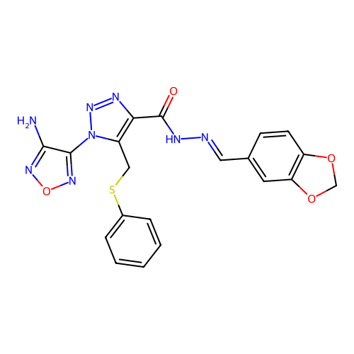 (E)-1-(4-amino-1,2,5-oxadiazol-3-yl)-N'-(benzo[d][1,3]dioxol-5-ylmethylene)-5-((phenylthio)methyl)-1H-1,2,3-triazole-4-carbohydrazide structure