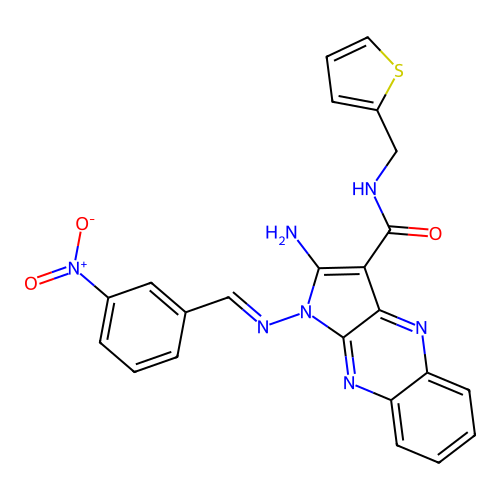 (E)-2-amino-1-((3-nitrobenzylidene)amino)-N-(thiophen-2-ylmethyl)-1H-pyrrolo[2,3-b]quinoxaline-3-carboxamide structure