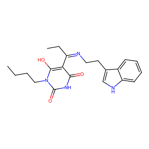 1-butyl-5-[1-[2-(1H-indol-3-yl)ethylamino]propylidene]-1,3-diazinane-2,4,6-trione structure
