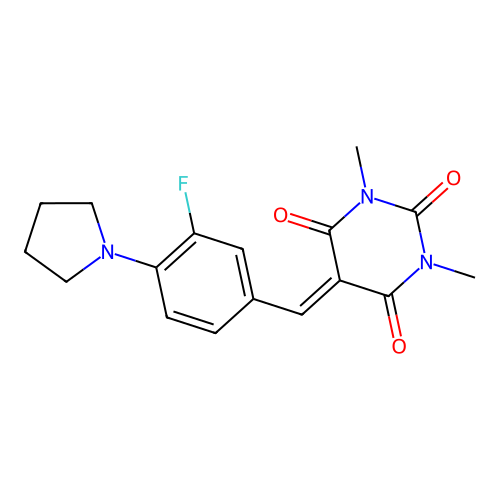 5-[3-fluoro-4-(pyrrolidin-1-yl)benzylidene]-1,3-dimethylpyrimidine-2,4,6(1H,3H,5H)-trione structure