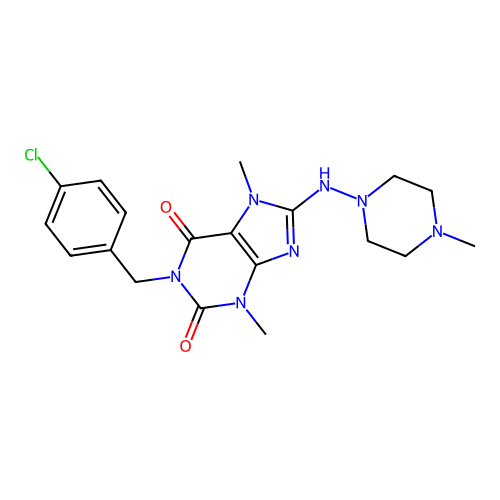 1-[(4-chlorophenyl)methyl]-3,7-dimethyl-8-[(4-methylpiperazin-1-yl)amino]purine-2,6-dione structure