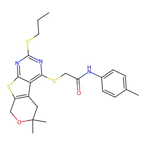 2-((6,6-dimethyl-2-(propylthio)-6,8-dihydro-5H-pyrano[4',3':4,5]thieno[2,3-d]pyrimidin-4-yl)thio)-N-(p-tolyl)acetamide structure