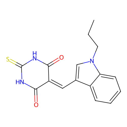 5-[(1-propylindol-3-yl)methylidene]-2-sulfanylidene-1,3-diazinane-4,6-dione structure
