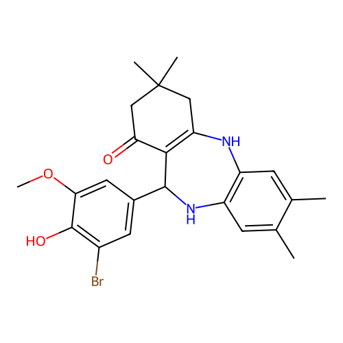 11-(3-bromo-4-hydroxy-5-methoxyphenyl)-3,3,7,8-tetramethyl-2,3,4,5,10,11-hexahydro-1H-dibenzo[b,e][1,4]diazepin-1-one structure