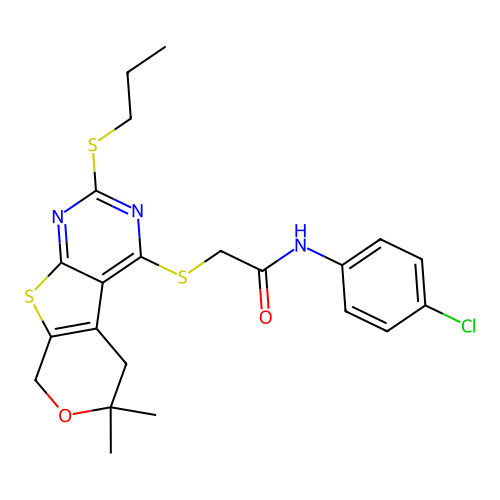 N-(4-chlorophenyl)-2-((6,6-dimethyl-2-(propylthio)-6,8-dihydro-5H-pyrano[4',3':4,5]thieno[2,3-d]pyrimidin-4-yl)thio)acetamide structure