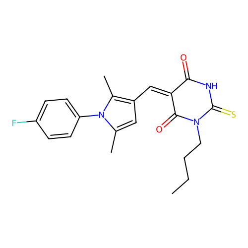 (5Z)-1-butyl-5-[[1-(4-fluorophenyl)-2,5-dimethylpyrrol-3-yl]methylidene]-2-sulfanylidene-1,3-diazinane-4,6-dione structure