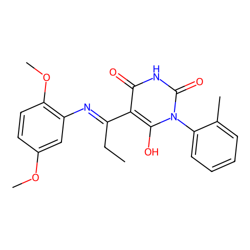 5-[1-(2,5-dimethoxyanilino)propylidene]-1-(2-methylphenyl)-1,3-diazinane-2,4,6-trione structure