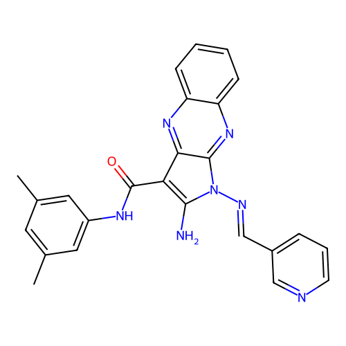 (E)-2-amino-N-(3,5-dimethylphenyl)-1-((pyridin-3-ylmethylene)amino)-1H-pyrrolo[2,3-b]quinoxaline-3-carboxamide structure
