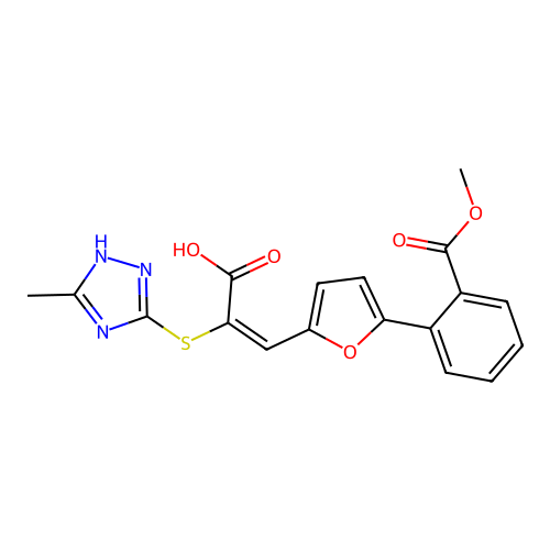 (2E)-3-{5-[2-(methoxycarbonyl)phenyl]furan-2-yl}-2-[(3-methyl-1H-1,2,4-triazol-4-ium-5-yl)sulfanyl]prop-2-enoate structure