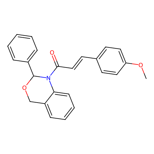 (2E)-3-(4-methoxyphenyl)-1-(2-phenyl-2H-3,1-benzoxazin-1(4H)-yl)prop-2-en-1-one structure