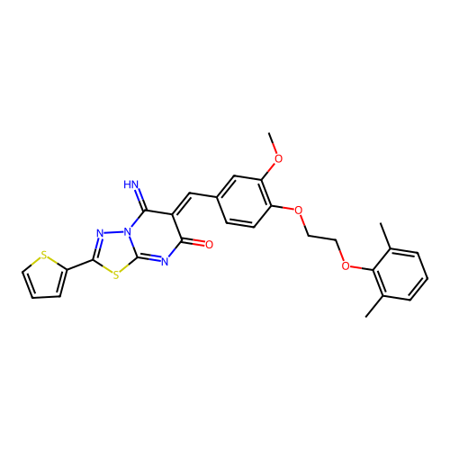(6Z)-6-[[4-[2-(2,6-dimethylphenoxy)ethoxy]-3-methoxyphenyl]methylidene]-5-imino-2-thiophen-2-yl-[1,3,4]thiadiazolo[3,2-a]pyrimidin-7-one structure
