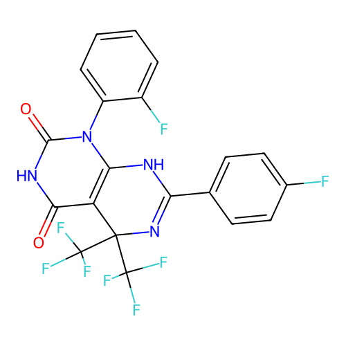 1-(2-fluorophenyl)-7-(4-fluorophenyl)-5,5-bis(trifluoromethyl)-5,8-dihydropyrimido[4,5-d]pyrimidine-2,4(1H,3H)-dione structure