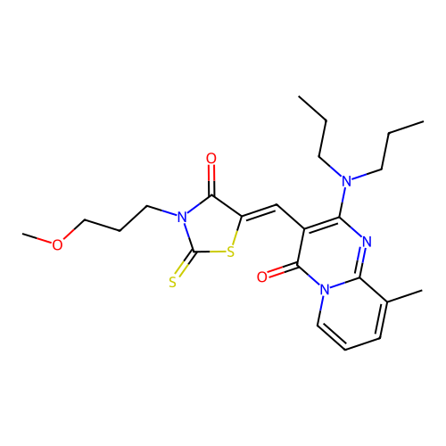 2-(dipropylamino)-3-{(Z)-[3-(3-methoxypropyl)-4-oxo-2-thioxo-1,3-thiazolidin-5-ylidene]methyl}-9-methyl-4H-pyrido[1,2-a]pyrimidin-4-one structure