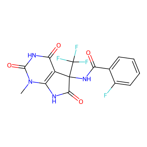 2-fluoro-N-(1-methyl-2,4,6-trioxo-5-(trifluoromethyl)-2,3,4,5,6,7-hexahydro-1H-pyrrolo[2,3-d]pyrimidin-5-yl)benzamide structure