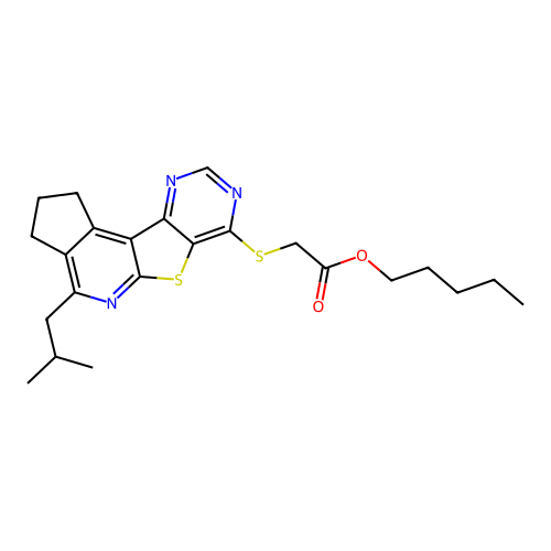 pentyl {[4-(2-methylpropyl)-2,3-dihydro-1H-cyclopenta[4',5']pyrido[3',2':4,5]thieno[3,2-d]pyrimidin-7-yl]sulfanyl}acetate structure