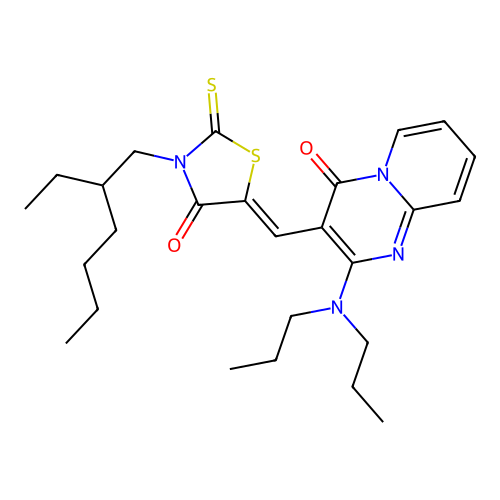 2-(dipropylamino)-3-{(Z)-[3-(2-ethylhexyl)-4-oxo-2-thioxo-1,3-thiazolidin-5-ylidene]methyl}-4H-pyrido[1,2-a]pyrimidin-4-one structure