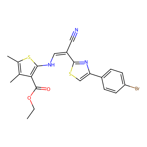 (Z)-ethyl 2-((2-(4-(4-bromophenyl)thiazol-2-yl)-2-cyanovinyl)amino)-4,5-dimethylthiophene-3-carboxylate structure