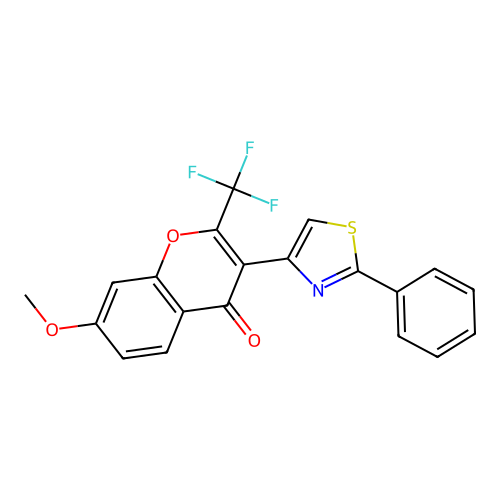 7-methoxy-3-(2-phenylthiazol-4-yl)-2-(trifluoromethyl)-4H-chromen-4-one structure