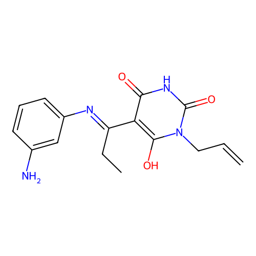 (E)-1-allyl-5-(1-((3-aminophenyl)amino)propylidene)pyrimidine-2,4,6(1H,3H,5H)-trione structure