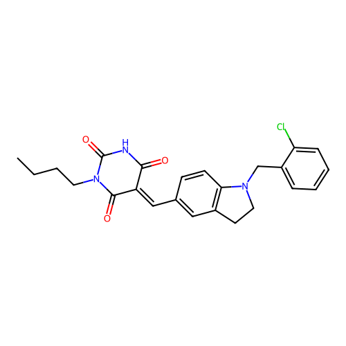 (5E)-1-butyl-5-[[1-[(2-chlorophenyl)methyl]-2,3-dihydroindol-5-yl]methylidene]-1,3-diazinane-2,4,6-trione structure