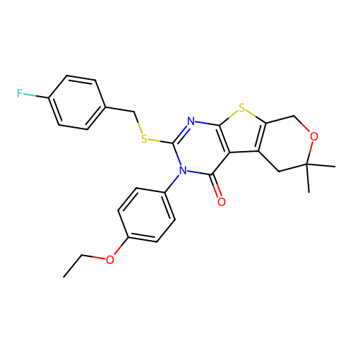 3-(4-ethoxyphenyl)-2-[(4-fluorobenzyl)sulfanyl]-6,6-dimethyl-3,5,6,8-tetrahydro-4H-pyrano[4',3':4,5]thieno[2,3-d]pyrimidin-4-one structure