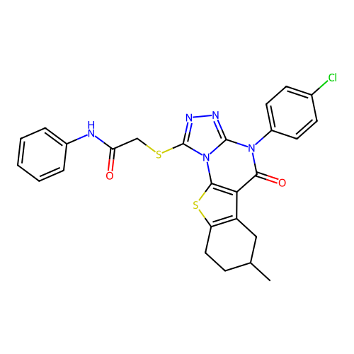2-((4-(4-chlorophenyl)-7-methyl-5-oxo-4,5,6,7,8,9-hexahydrobenzo[4,5]thieno[3,2-e][1,2,4]triazolo[4,3-a]pyrimidin-1-yl)thio)-N-phenylacetamide structure