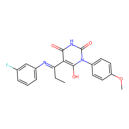 (E)-5-(1-((3-fluorophenyl)amino)propylidene)-1-(4-methoxyphenyl)pyrimidine-2,4,6(1H,3H,5H)-trione structure