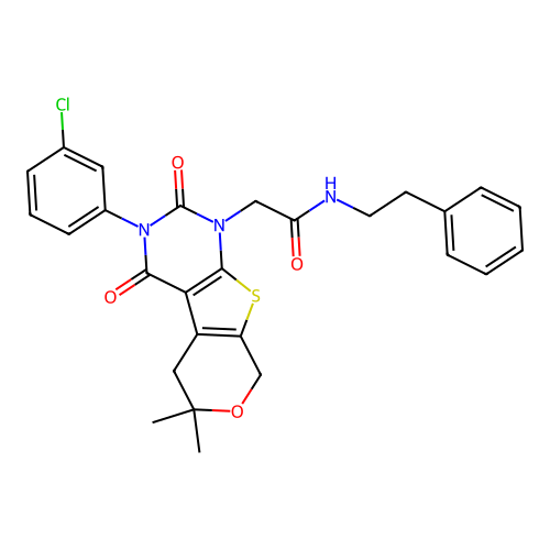 2-(3-(3-chlorophenyl)-6,6-dimethyl-2,4-dioxo-2,3,4,5,6,8-hexahydro-1H-pyrano[4',3':4,5]thieno[2,3-d]pyrimidin-1-yl)-N-phenethylacetamide structure