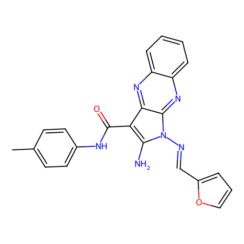 (E)-2-amino-1-((furan-2-ylmethylene)amino)-N-(p-tolyl)-1H-pyrrolo[2,3-b]quinoxaline-3-carboxamide structure