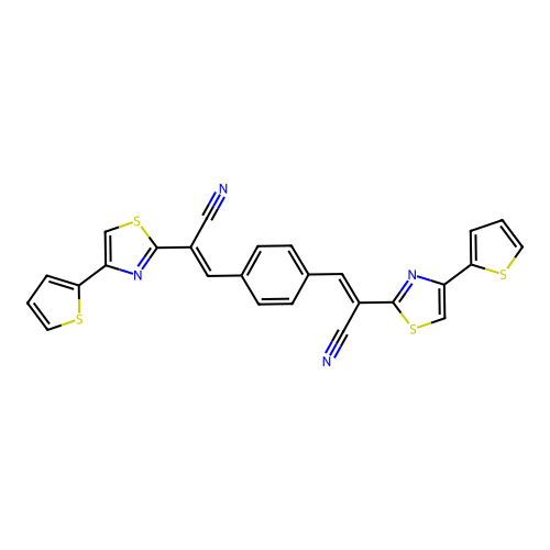 (2E,2'E)-3,3'-(1,4-phenylene)bis(2-(4-(thiophen-2-yl)thiazol-2-yl)acrylonitrile) structure