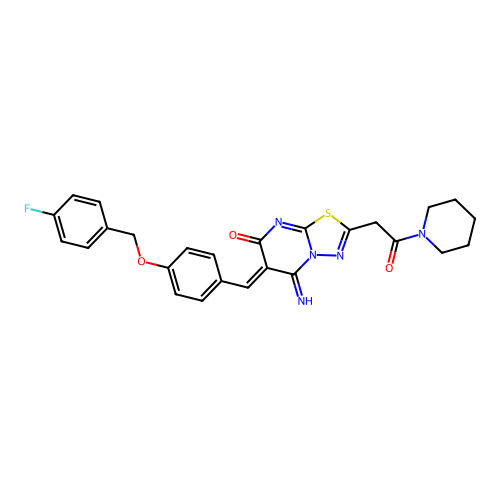 (6Z)-6-[[4-[(4-fluorophenyl)methoxy]phenyl]methylidene]-5-imino-2-(2-oxo-2-piperidin-1-ylethyl)-[1,3,4]thiadiazolo[3,2-a]pyrimidin-7-one structure