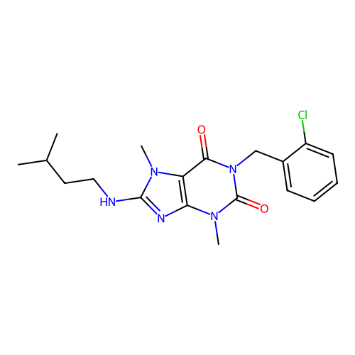 1-[(2-chlorophenyl)methyl]-3,7-dimethyl-8-(3-methylbutylamino)purine-2,6-dione structure