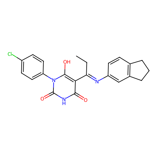 (E)-1-(4-chlorophenyl)-5-(1-((2,3-dihydro-1H-inden-5-yl)amino)propylidene)pyrimidine-2,4,6(1H,3H,5H)-trione structure