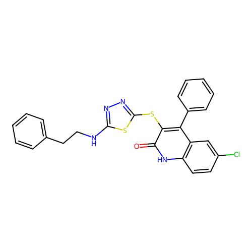 6-chloro-4-phenyl-3-({5-[(2-phenylethyl)amino]-1,3,4-thiadiazol-2-yl}sulfanyl)quinolin-2(1H)-one structure