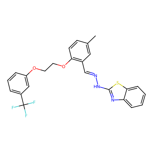 (2E)-2-[(2E)-(5-methyl-2-{2-[3-(trifluoromethyl)phenoxy]ethoxy}benzylidene)hydrazinylidene]-2,3-dihydro-1,3-benzothiazole structure