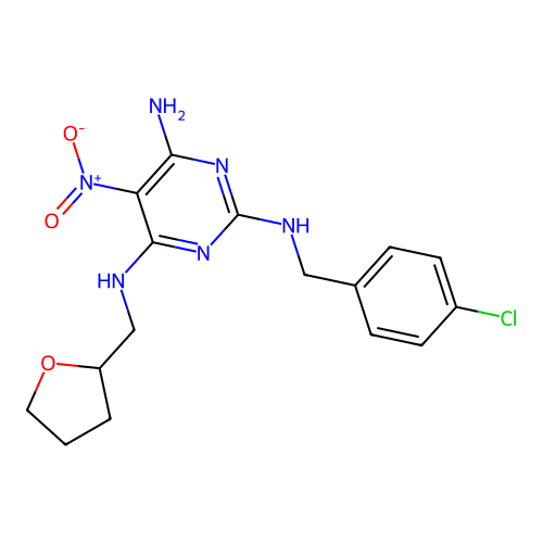 (6-amino-2-{[(4-chlorophenyl)methyl]amino}-5-nitropyrimidin-4-yl)(oxolan-2-ylm ethyl)amine structure
