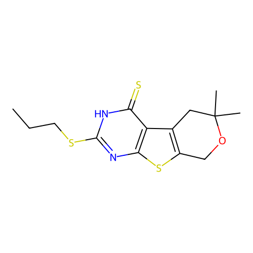 6,6-dimethyl-2-(propylsulfanyl)-5,8-dihydro-6H-pyrano[4',3':4,5]thieno[2,3-d]pyrimidine-4-thiol structure