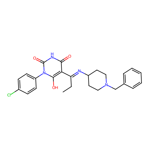 (5E)-5-[1-[(1-benzylpiperidin-4-yl)amino]propylidene]-1-(4-chlorophenyl)-1,3-diazinane-2,4,6-trione structure