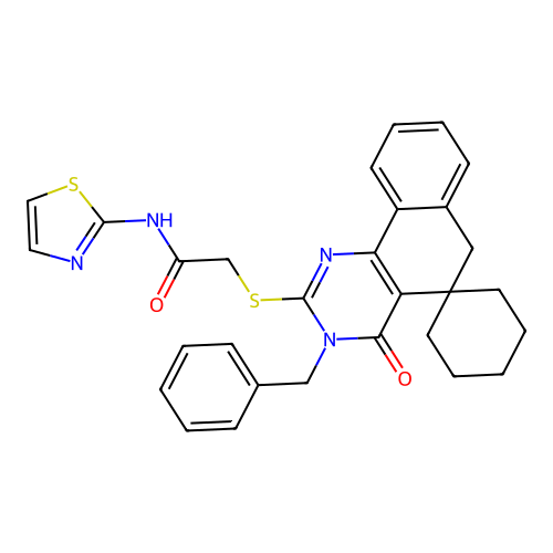 2-((3-benzyl-4-oxo-4,6-dihydro-3H-spiro[benzo[h]quinazoline-5,1'-cyclohexan]-2-yl)thio)-N-(thiazol-2-yl)acetamide structure