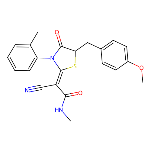 (2Z)-2-cyano-2-[5-(4-methoxybenzyl)-3-(2-methylphenyl)-4-oxo-1,3-thiazolidin-2-ylidene]-N-methylethanamide structure