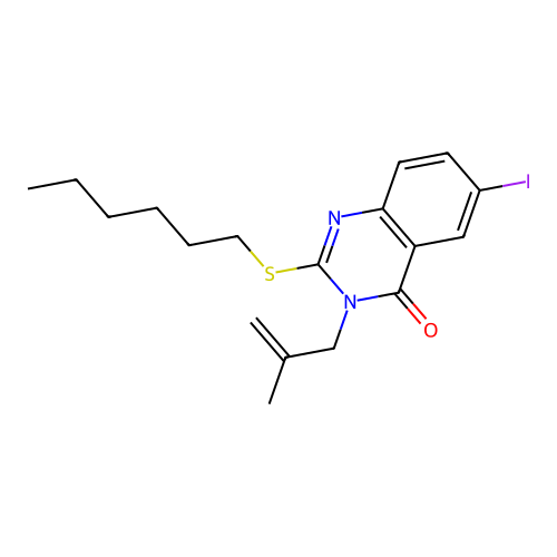 2-(hexylsulfanyl)-6-iodo-3-(2-methylprop-2-en-1-yl)quinazolin-4(3H)-one structure