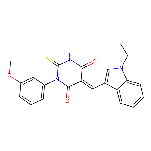 (5E)-5-[(1-ethyl-1H-indol-3-yl)methylidene]-1-(3-methoxyphenyl)-2-sulfanylpyrimidine-4,6(1H,5H)-dione structure