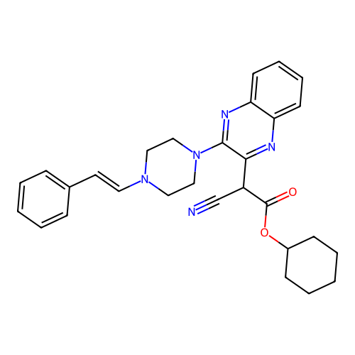 (E)-cyclohexyl 2-cyano-2-(3-(4-styrylpiperazin-1-yl)quinoxalin-2-yl)acetate structure