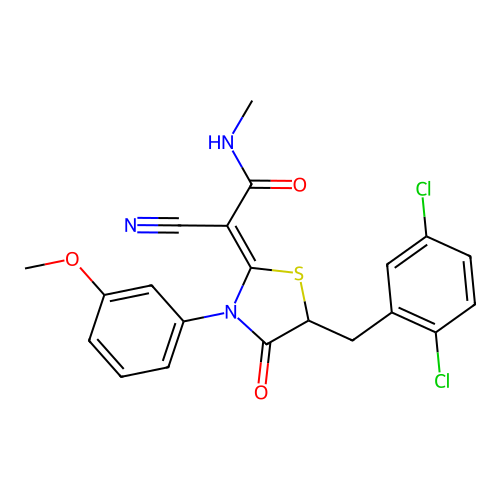 (Z)-2-cyano-2-(5-(2,5-dichlorobenzyl)-3-(3-methoxyphenyl)-4-oxothiazolidin-2-ylidene)-N-methylacetamide structure