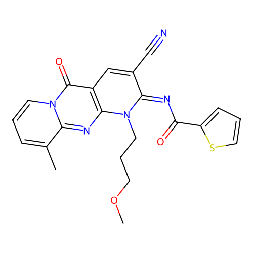 (E)-N-(3-cyano-1-(3-methoxypropyl)-10-methyl-5-oxo-1H-dipyrido[1,2-a:2',3'-d]pyrimidin-2(5H)-ylidene)thiophene-2-carboxamide structure