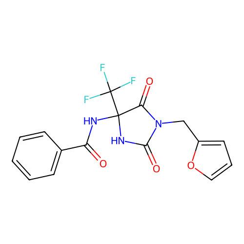 N-[1-(furan-2-ylmethyl)-2,5-dioxo-4-(trifluoromethyl)imidazolidin-4-yl]benzamide structure