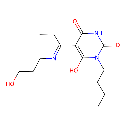 1-butyl-5-[1-(3-hydroxypropylamino)propylidene]-1,3-diazinane-2,4,6-trione structure