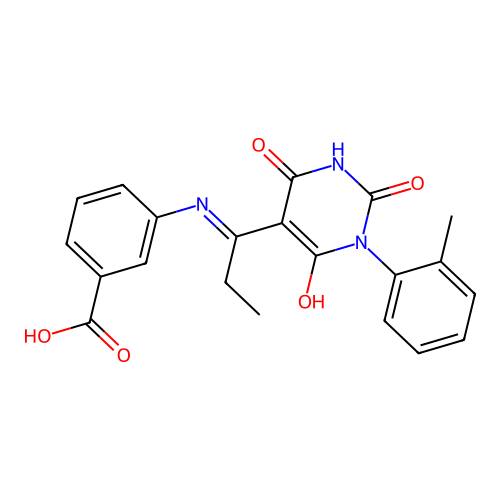 3-[1-[1-(2-methylphenyl)-2,4,6-trioxo-1,3-diazinan-5-ylidene]propylamino]benzoic Acid structure